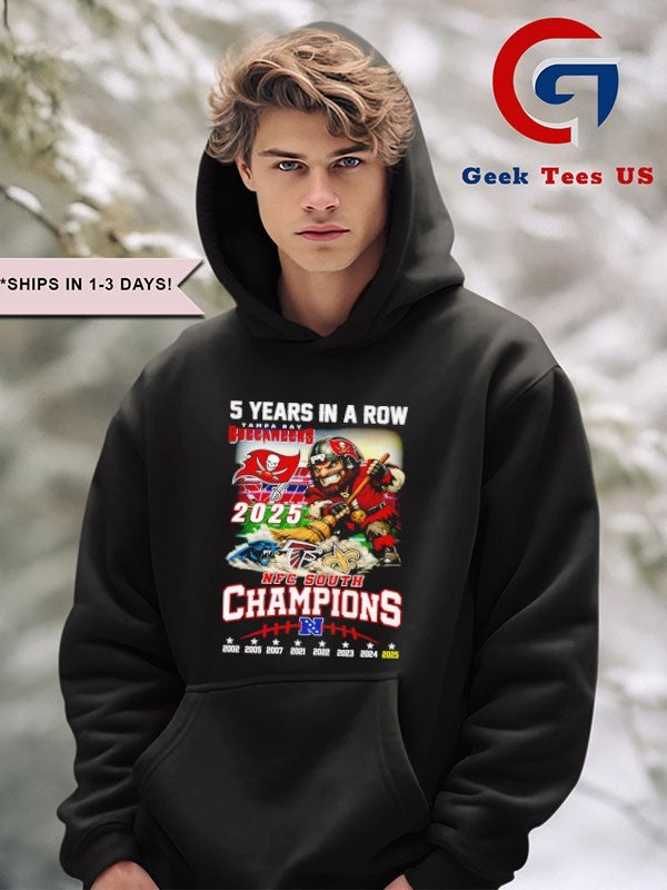 5 Years In A Row Tampa Bay Buccaneers 2025 NFC South Champions mascot T-shirt