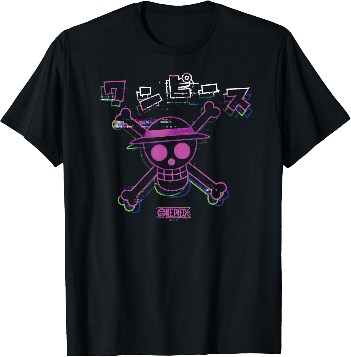 Anime Colorful Straw Hat Glitch with Kanji T-Shirt