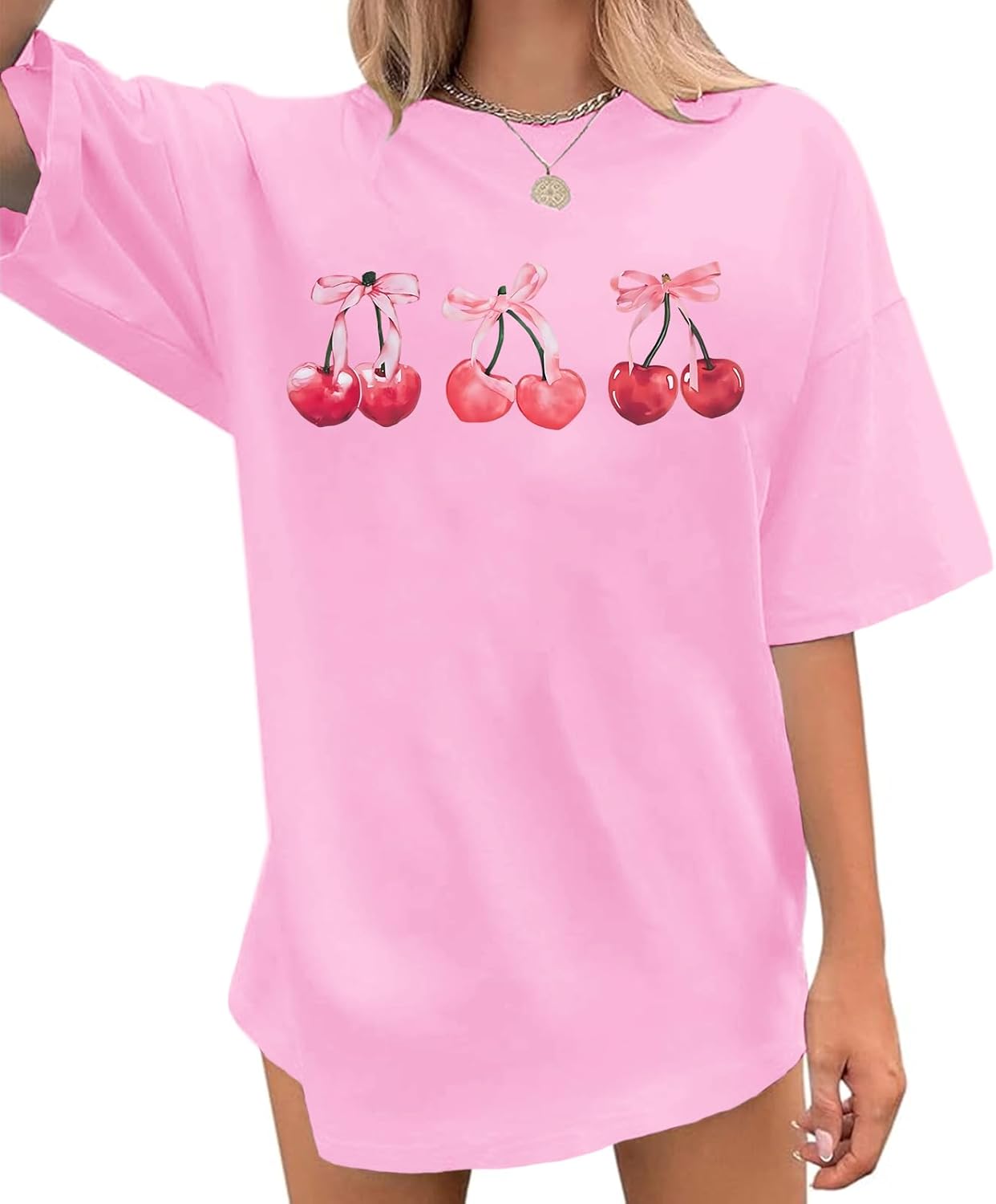 Cute Cherry Pink Bow T Shirts for Women Fruit Coquette Aesthetic Shirt Oversized Tshirts Graphic Tees Cotton Tops