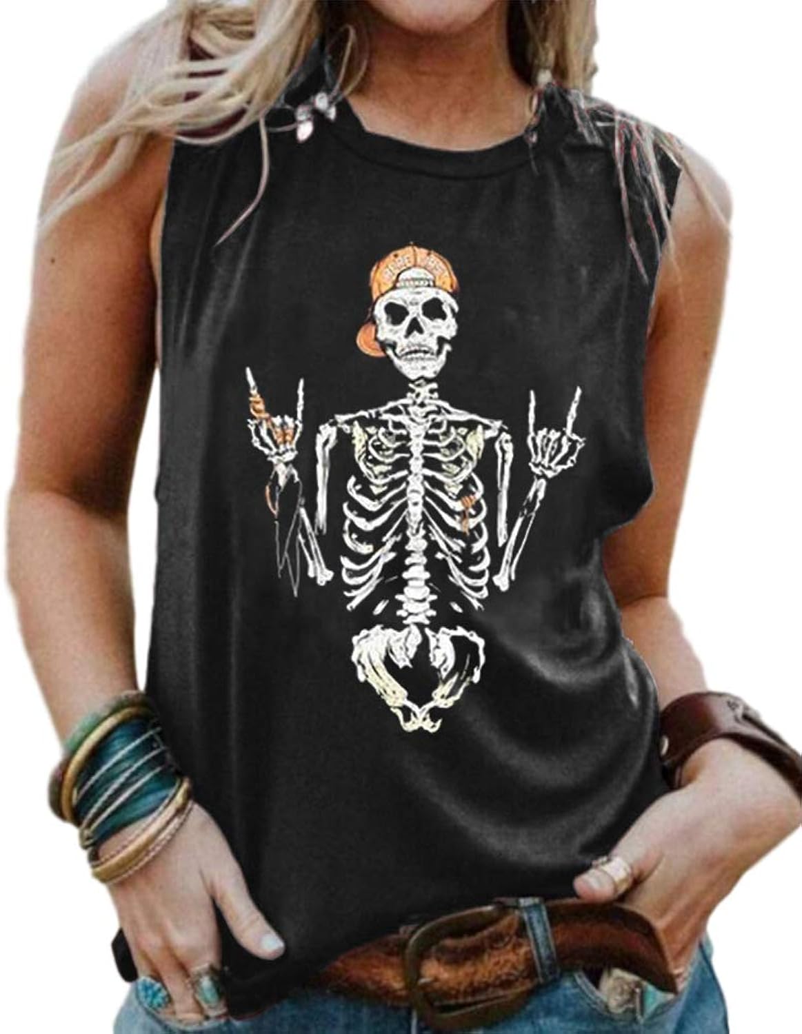 Womens Funny Skull Graphic Tank Tops Summer High Neck Sleeveless Workout Tee Shirts