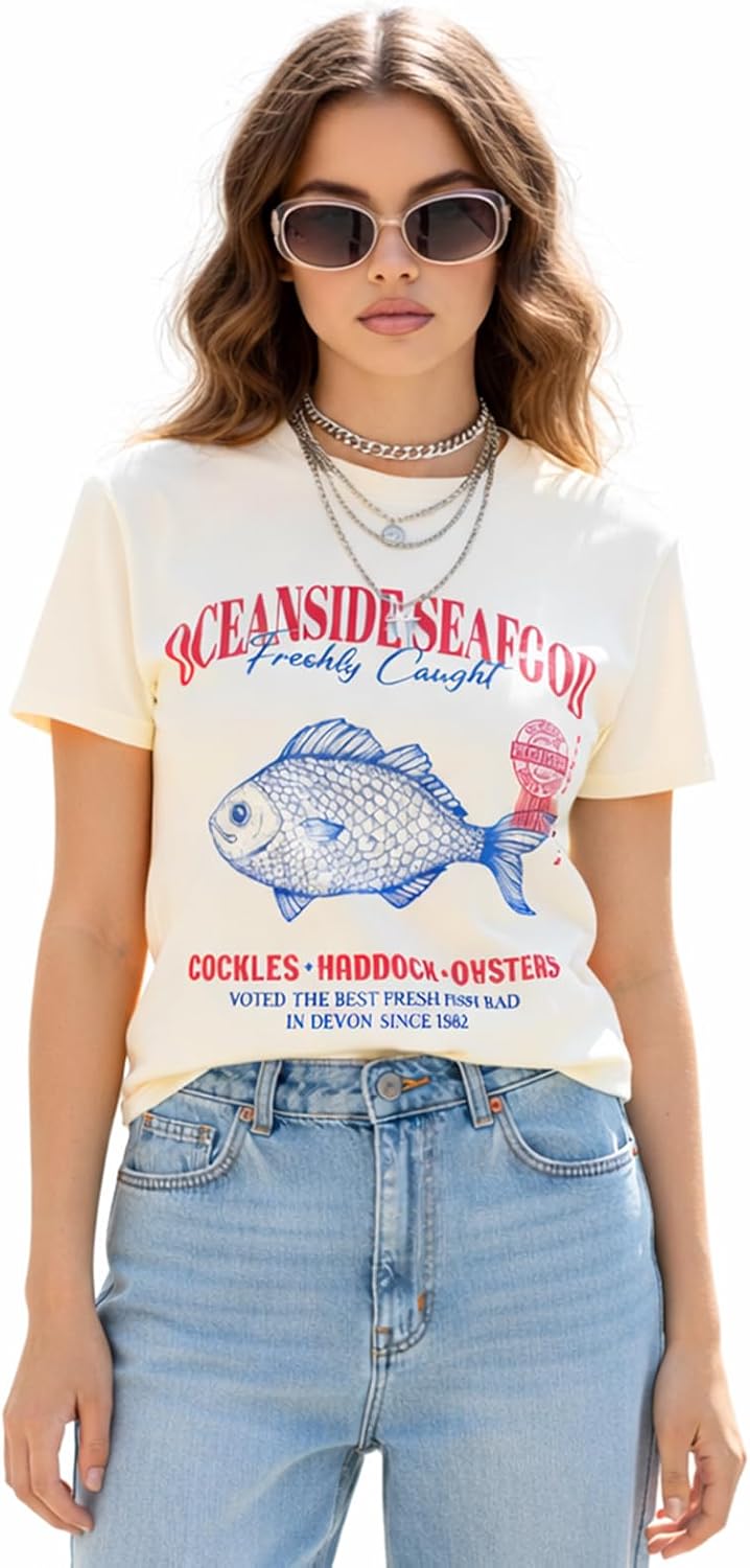Cute Vintage Graphic Tees Womens Oversized Y2k Cotton T Shirt Casual Summer Beach Top
