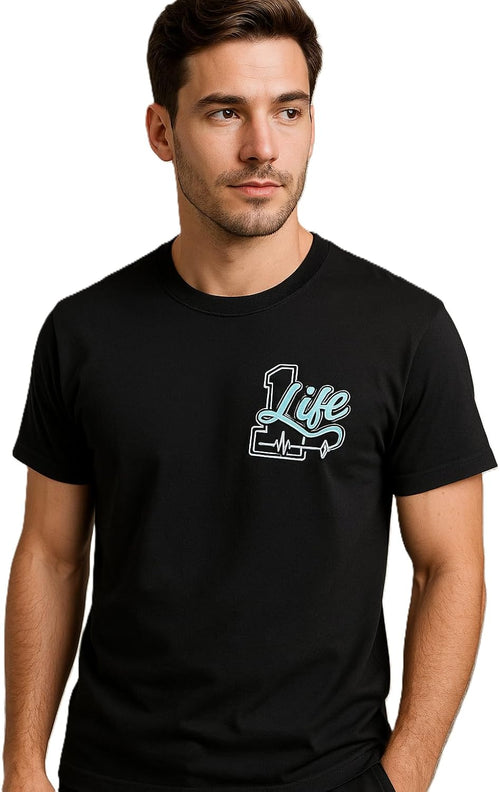 1 Life Graphic T-Shirt – Black Cotton Tee with Blue & White Chest Print – Motivational Streetwear by Sky & Oak