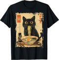 Cat Ramen Anime Kawaii Cat Eating Ramen Noodles T-Shirt, Unisex-Adults, Anime Fans, Girls, Young Females, Black, Small, Short Sleeve, T-Shirt