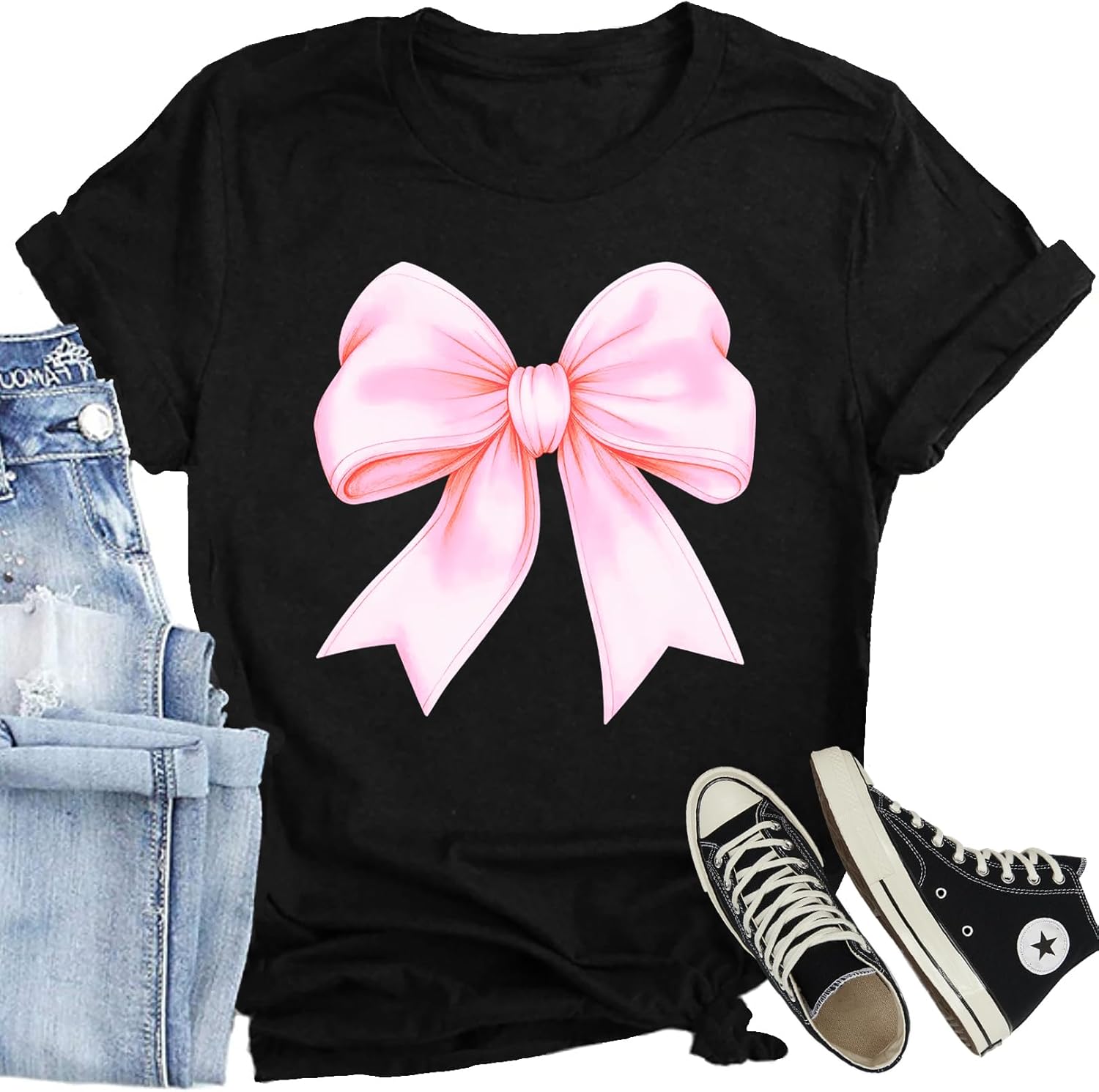 Bow Shirts for Women Cute Pink Bowknot Ribbon Print Tee Tops Bow Girly Aesthetic T-Shirts