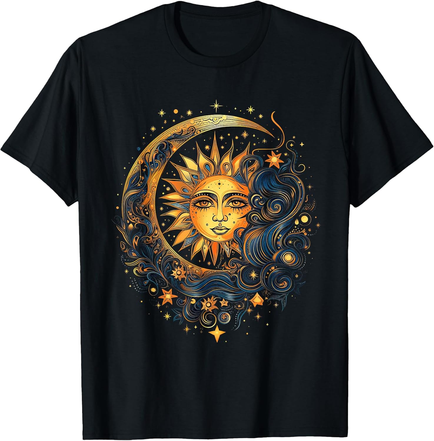 Mystical Sun and Moon with Woman Mystical Flowers Aesthetic T-Shirt