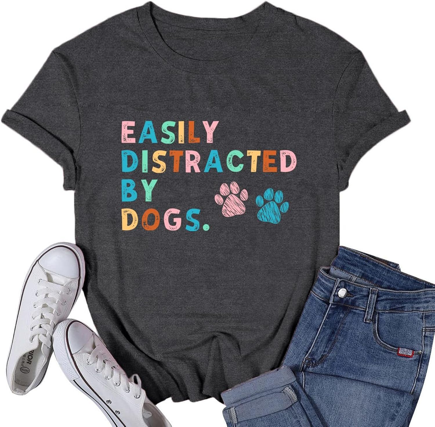 Womens Dog Shirts Easily Distracted by Dogs Tshirt Dog Mom Paw Pet Lover Tee Tops