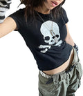Women Y2K Grunge Short Sleeve T-Shirt Crew Neck Graphic Baby Tee Slim Casual Going Out Top Halloween Gothic Shirt