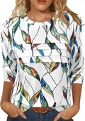 3/4 Length Sleeve Womens Tops Round Neck Casual Tunic Tops Pleated Shirts Dressy