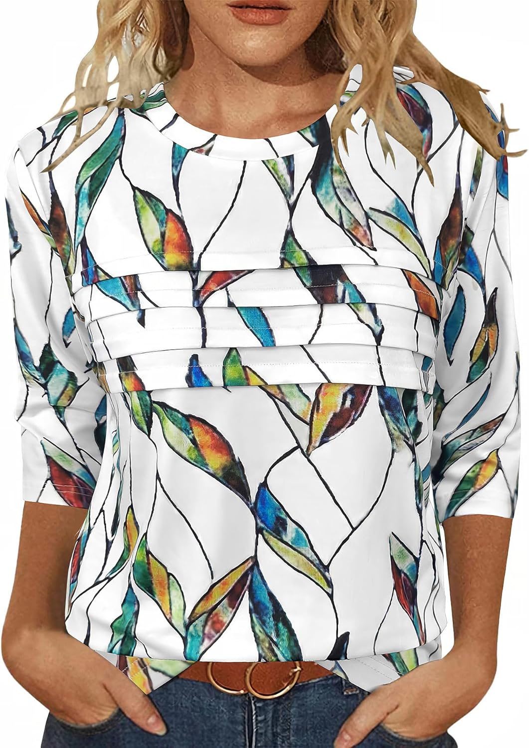 3/4 Length Sleeve Womens Tops Round Neck Casual Tunic Tops Pleated Shirts Dressy