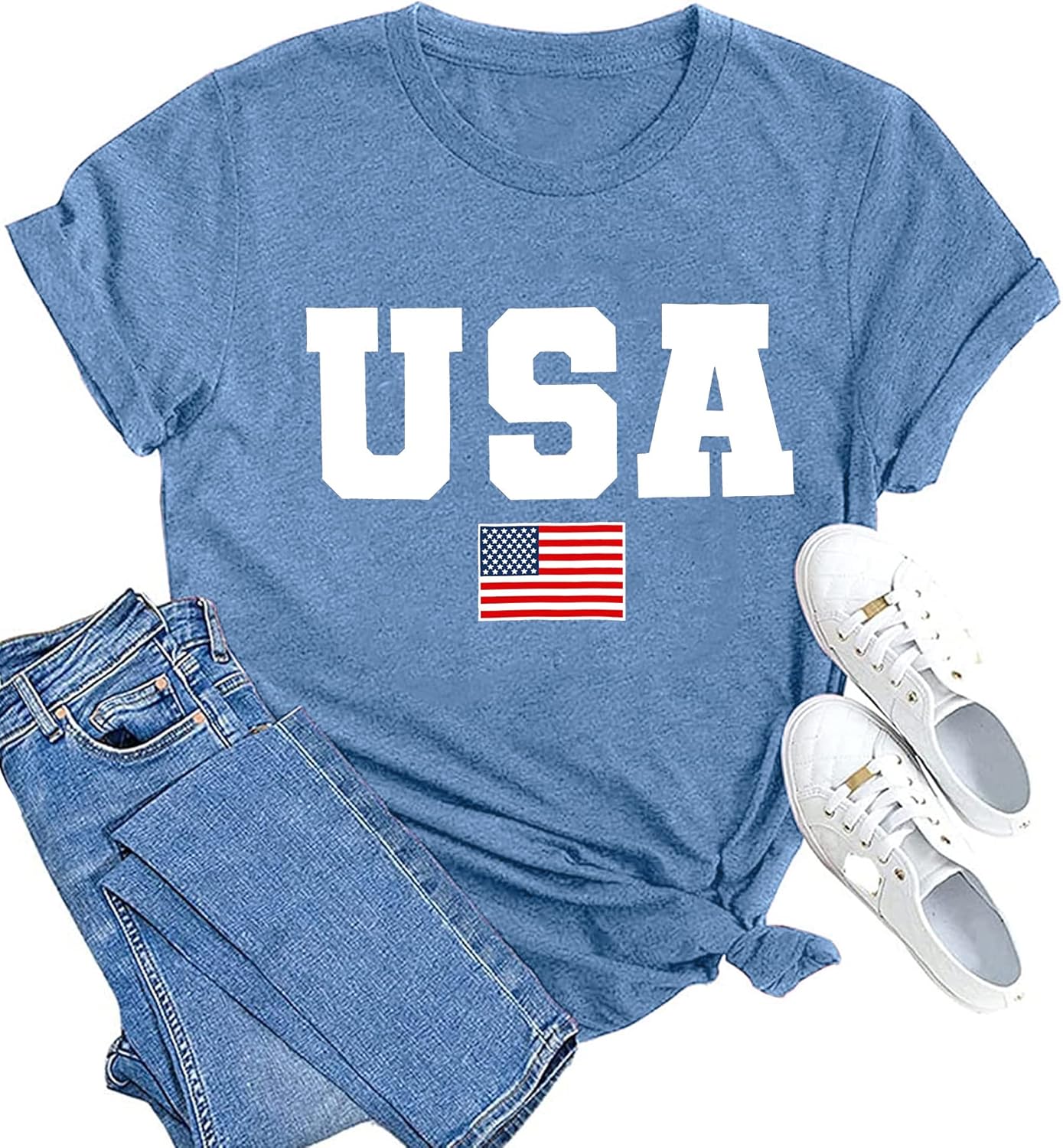 American Flag Shirts for Women 4th of July T-Shirt USA Print Patriotic Shirt Stars and Stripes Tees