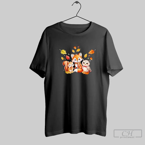 Autumn Fall Leaves Squirrel Holding Acorn Fox Owl Animals T Shirt