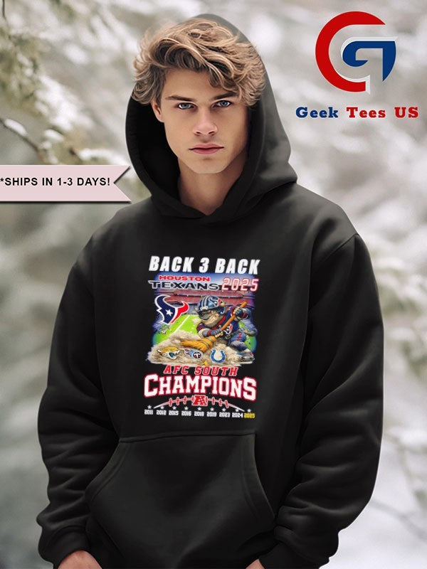 Back-3-Back Houston Texans 2025 AFC South Champions mascot T-shirt