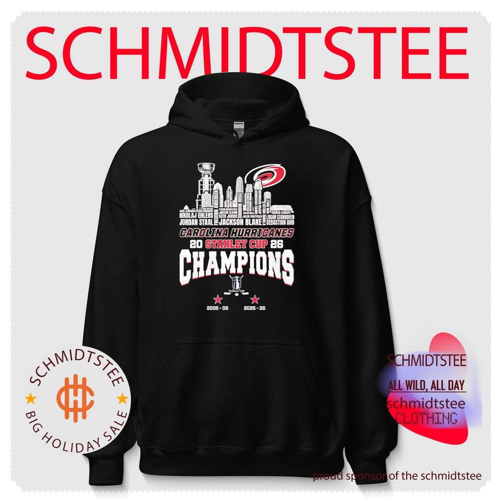 Carolina Hurricanes 2026 Stanley Cup Champions trophy alongside city skyline shirt