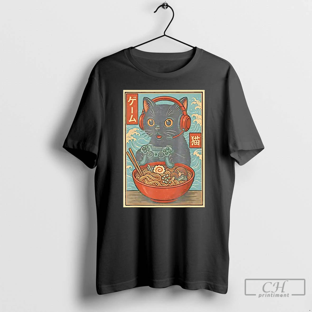 Classic Black Japanese Cat Holding Gamepad And Wearing Head Phone Eat Ramen Retro T Shirts Hoodie, Sweatshirt