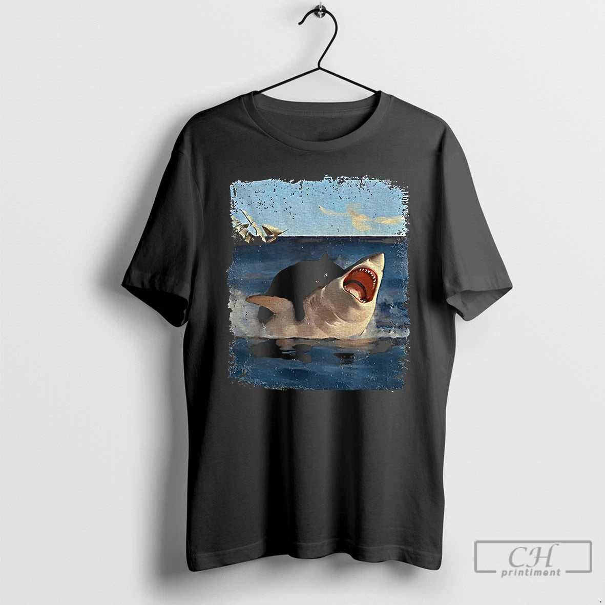 Classic Cat Bites Shark Funny Meme Vintage T-Shirts, Hoodie, Sweatshirt | AU01DripNestTees.com