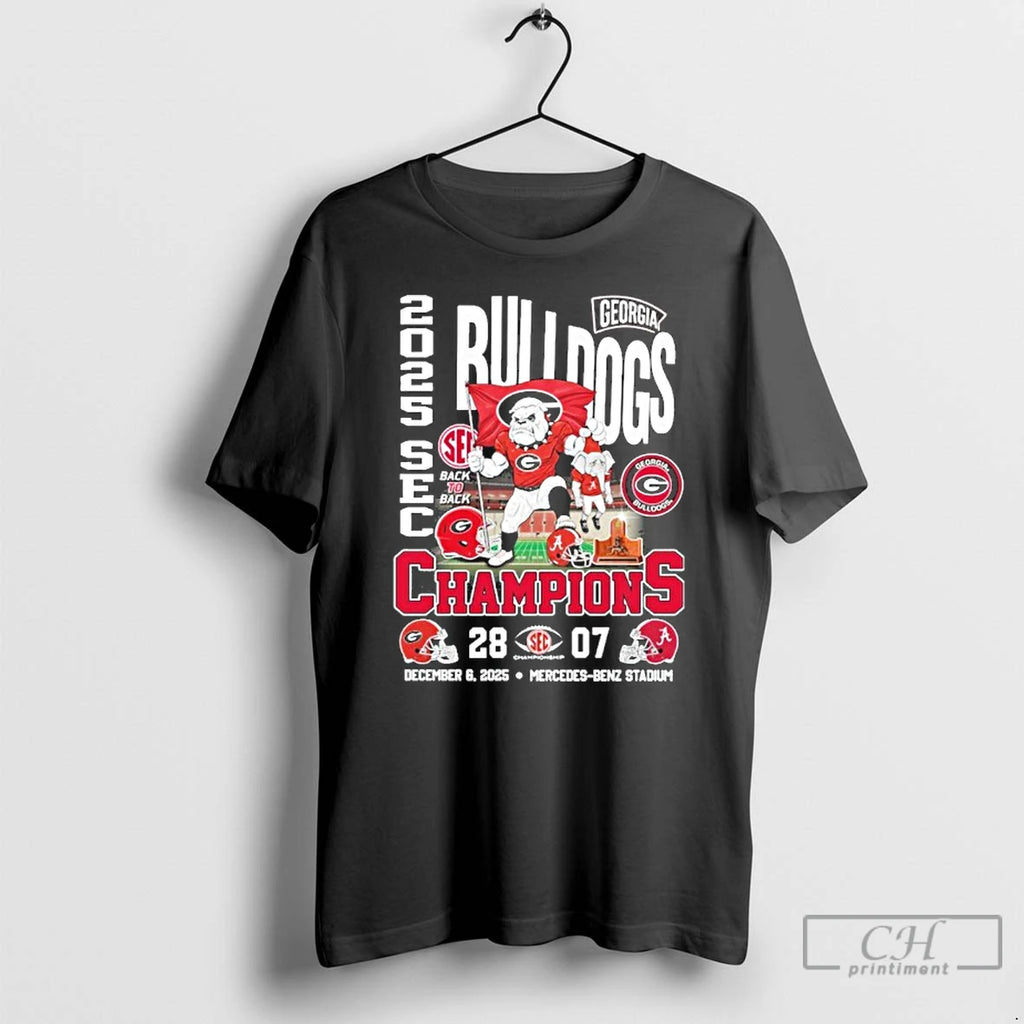 Classic Georgia Bulldogs Mascot 2025 Sec Conference Champions 28 7 Score T-Shirts, Hoodie, Sweatshirt | AU01DripNestTees.com