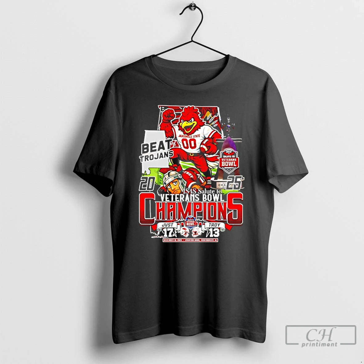 Classic Jacksonville State Gamecocks Beat Trojans 2025 Veterans Bowl Champions Mascot T-Shirts, Hoodie, Sweatshirt