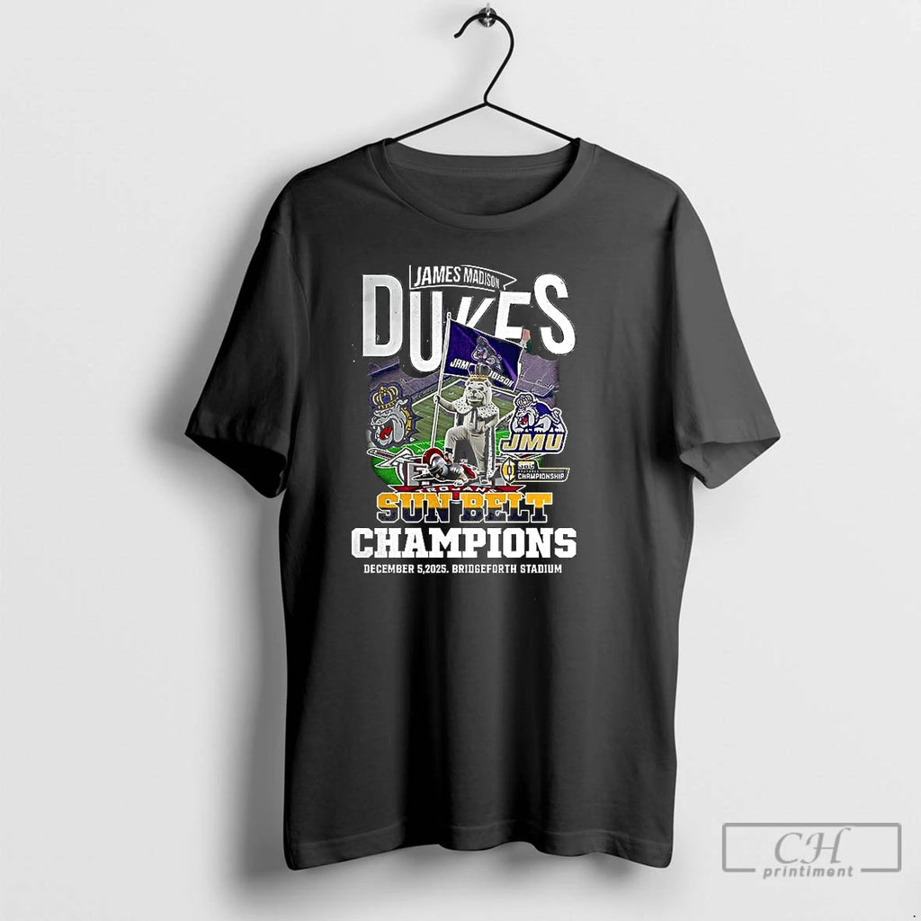 Classic James Madison Dukes Beat Troy Trojans Sun Belt Champions 2025 Mascot T Shirts Sweater Hoodie, Sweatshirt