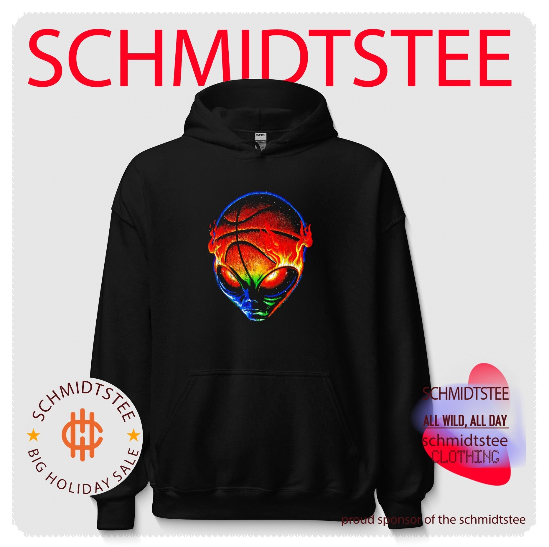 Colorful flaming alien basketball graphic shirt