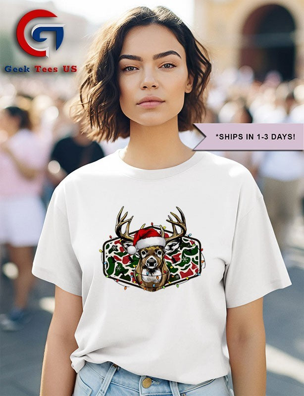 Deer Head Hunting Camo Christmas Merry and Bright Holiday shirt