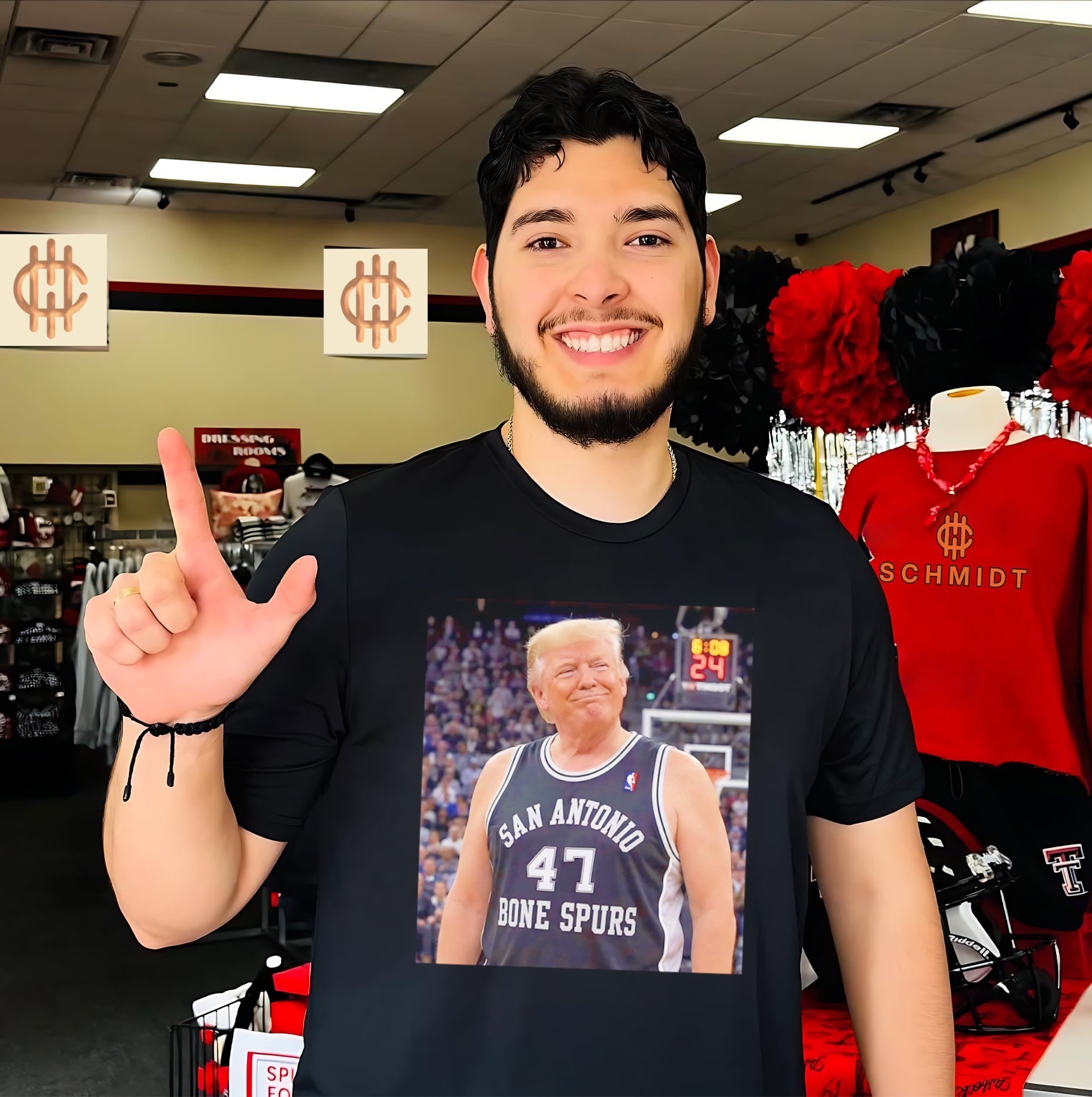 Donald Trump wearing San Antonio Spurs jersey Bone Spurs shirt