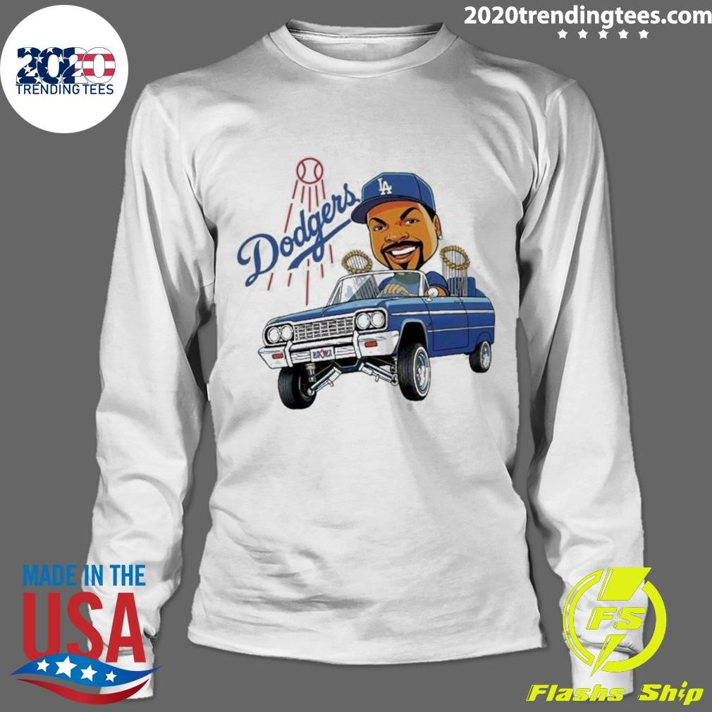 Fan Wearing La Dodgers Ice Cube Bobblehead Cartoon Driving Car Shirt