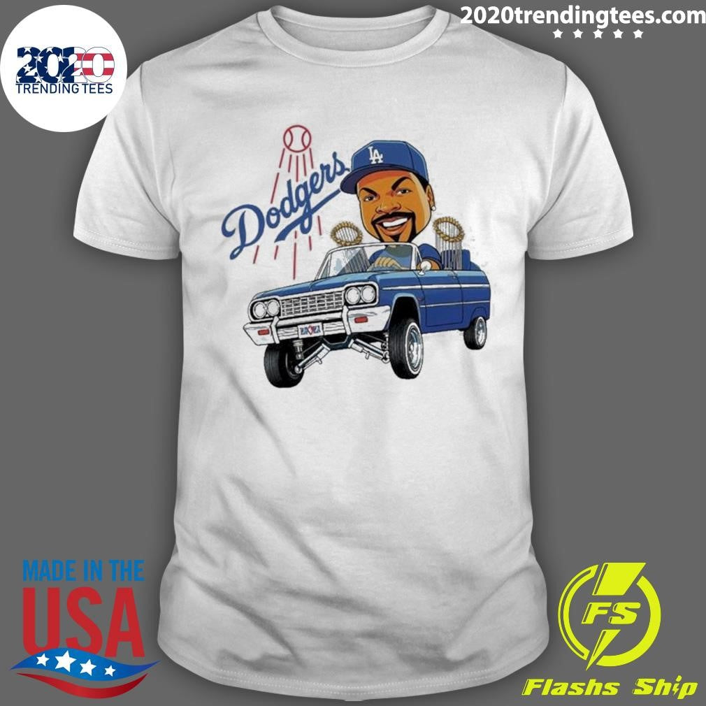 Fan Wearing La Dodgers Ice Cube Bobblehead Cartoon Driving Car Shirt