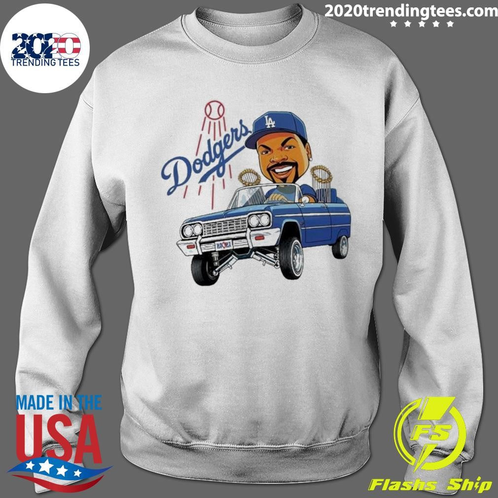Fan Wearing La Dodgers Ice Cube Bobblehead Cartoon Driving Car Shirt