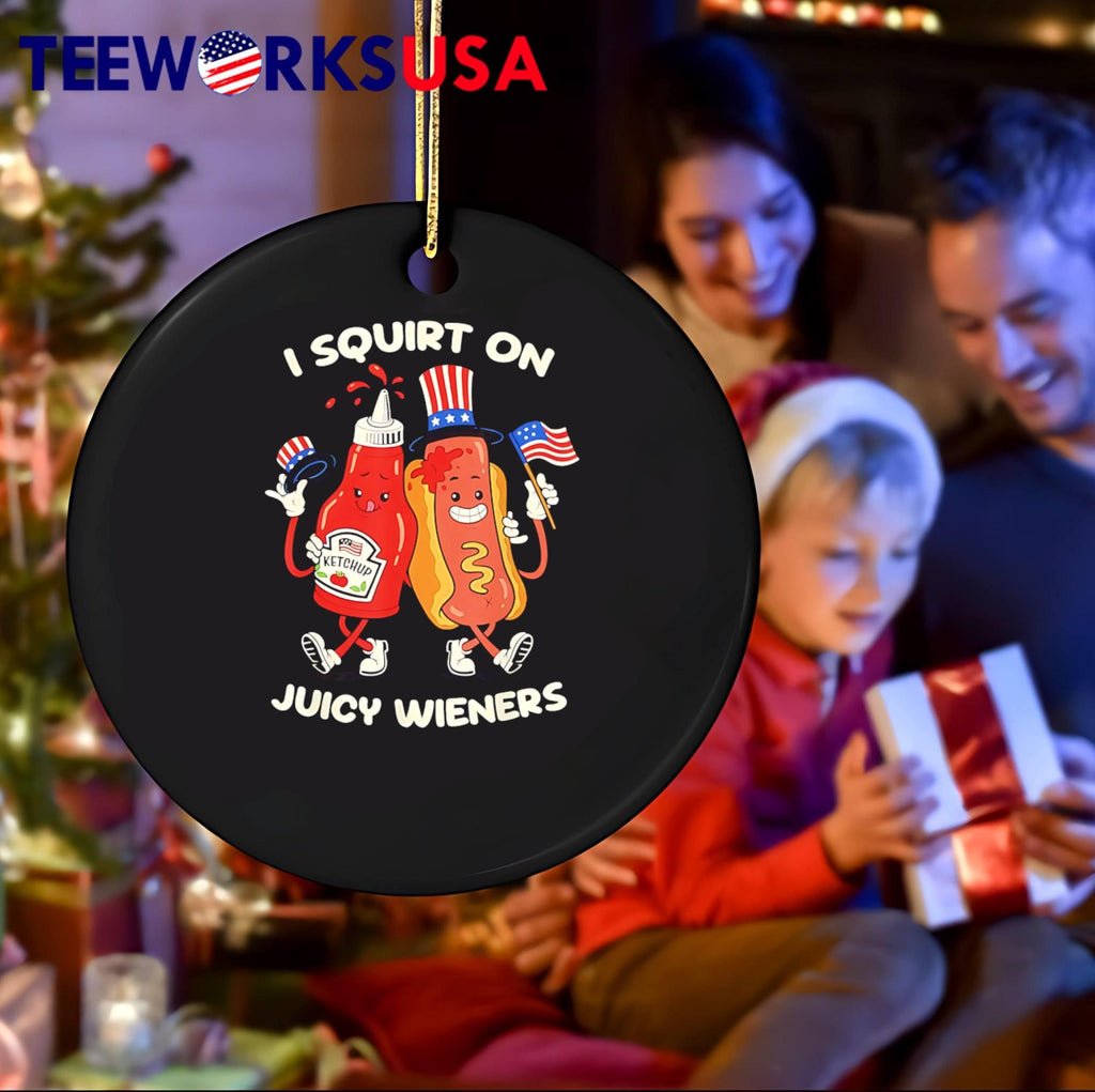 Funny American Food Fourth of July Patriotic Ketchup Hot Dog I Squirt on Juicy Wieners shirt