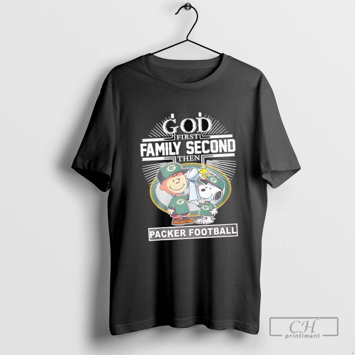 God First Family Second Then Green Bay Packers Football With Peanuts Characters Logo
