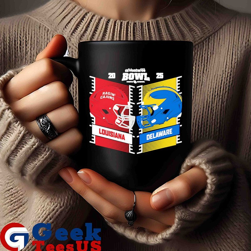 Louisiana Ragin’ Cajuns vs. Delaware Blue Hens 2025 68 Ventures Bowl helmet to helmet shirt