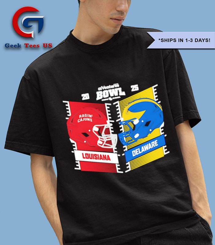 Louisiana Ragin’ Cajuns vs. Delaware Blue Hens 2025 68 Ventures Bowl helmet to helmet shirt