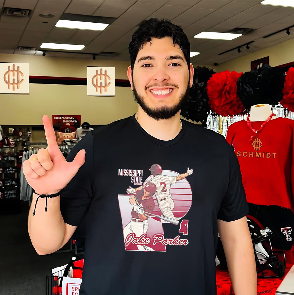 Mississippi State Jacob Parker posing graphic shirt