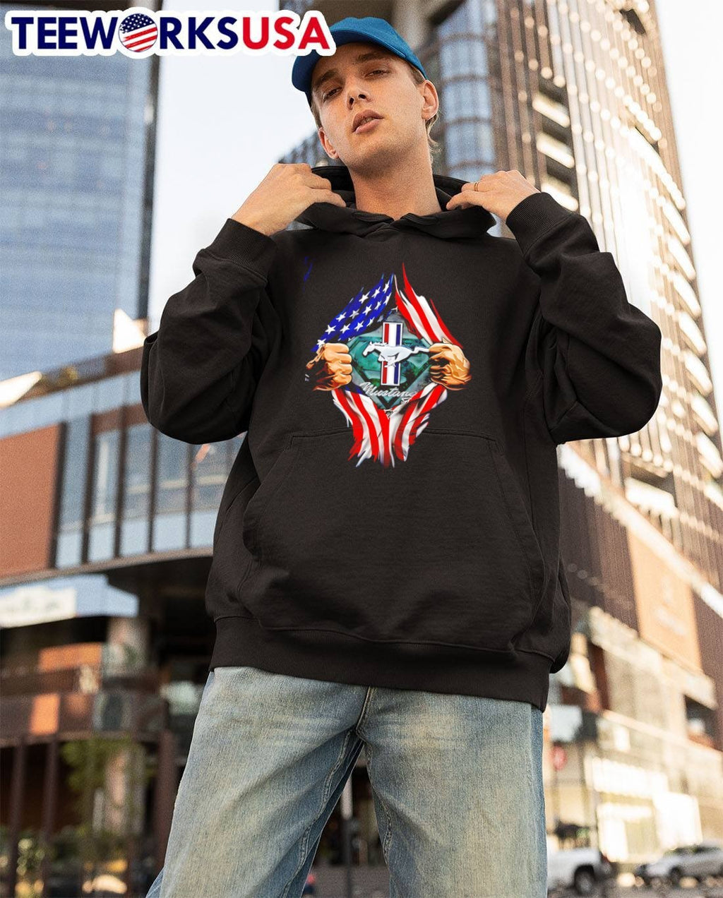 Mustang American Flag Rips Open Chest Superman Logo T-Shirt