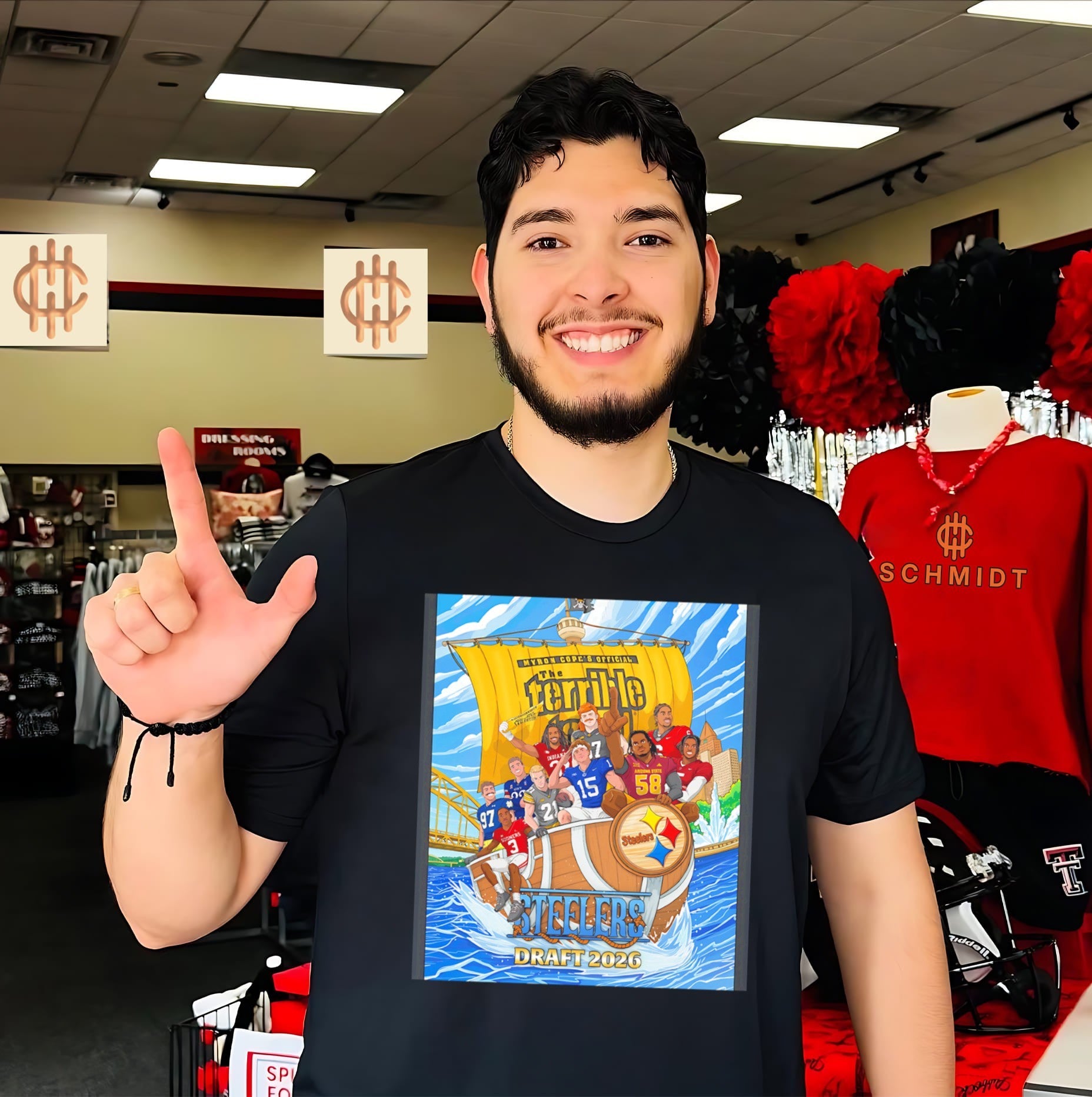 Myron Cope’s Official The Terrible Towel features players on a ship graphic shirt