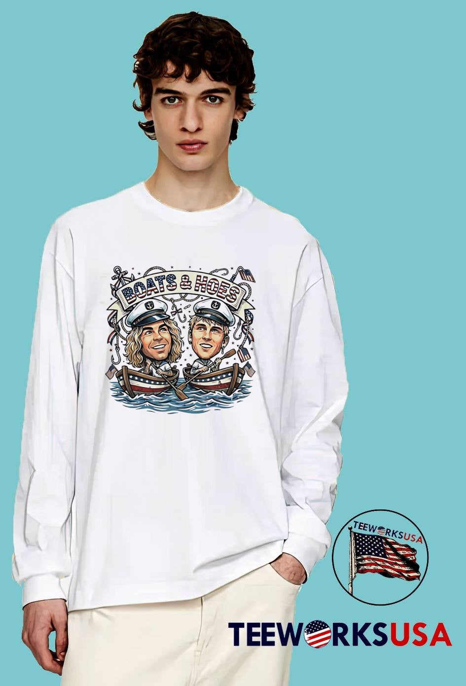 Nautical Apparel Two Sailors Rowing Boats & Hoes Patriotic USA T-Shirt