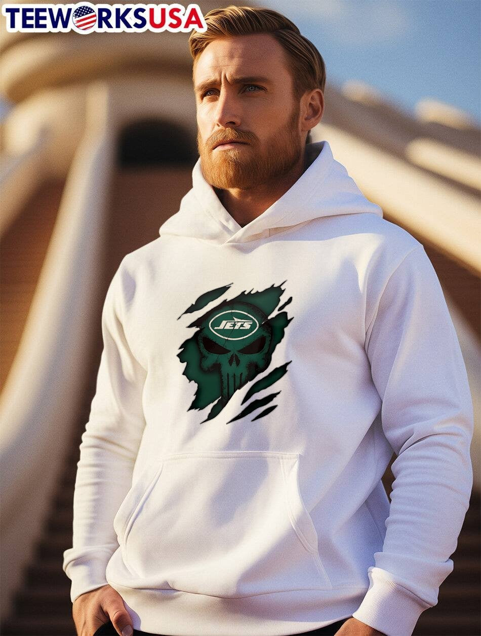 New York Jets Skull Ripped Metal Effect Team Logo T-Shirt