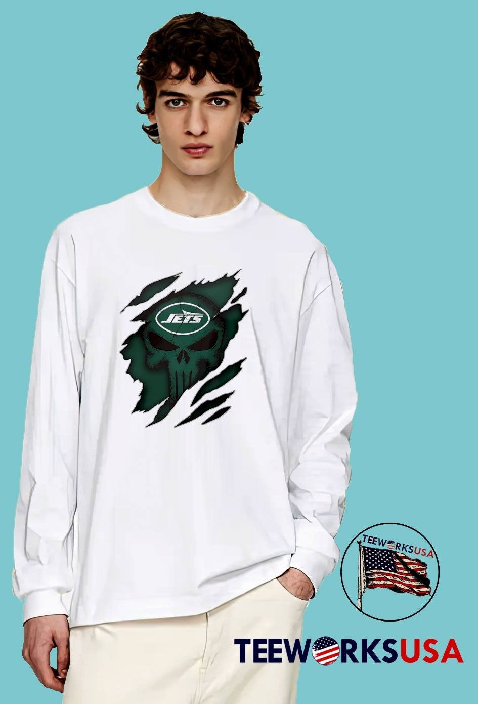 New York Jets Skull Ripped Metal Effect Team Logo T-Shirt