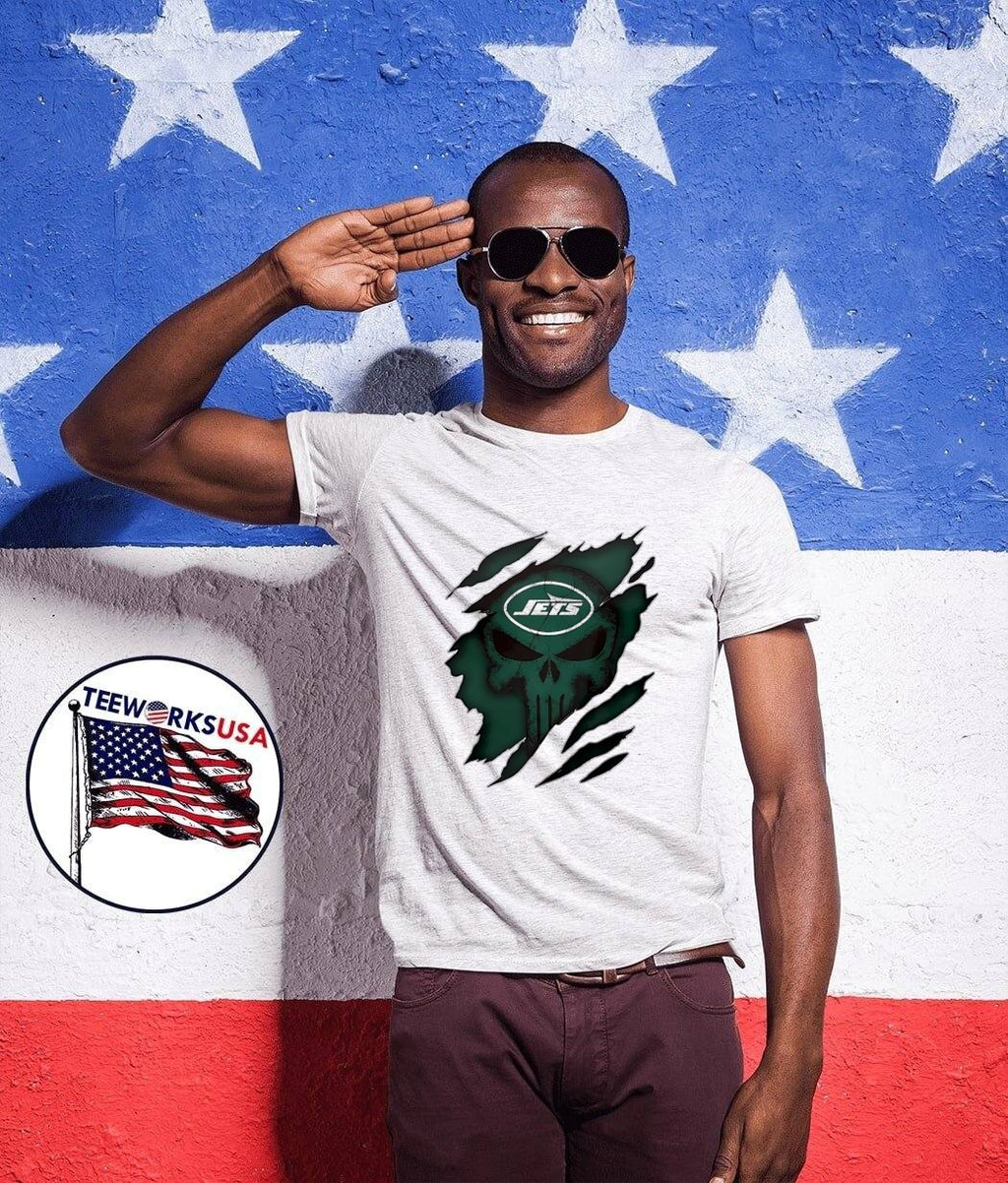New York Jets Skull Ripped Metal Effect Team Logo T-Shirt