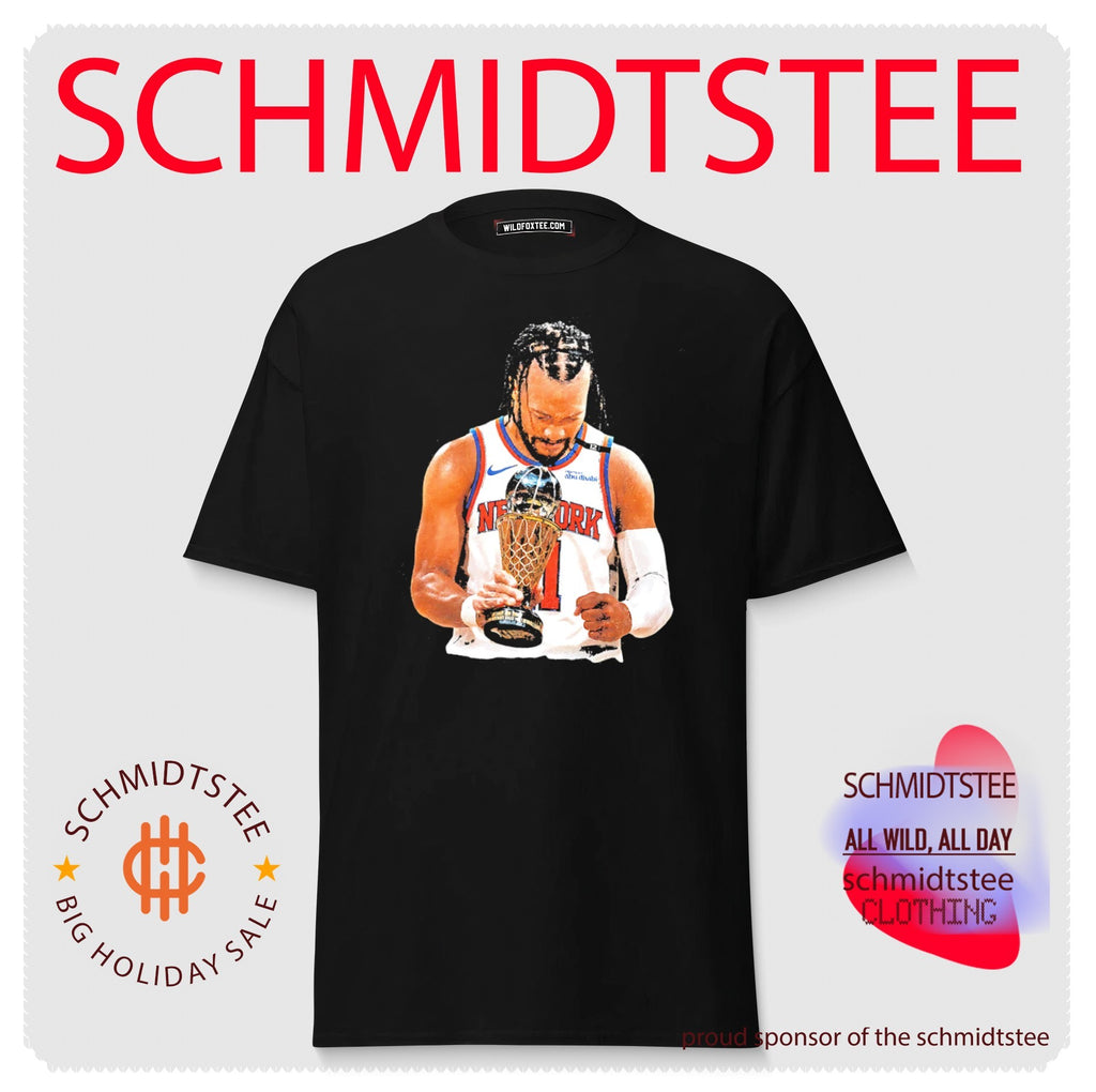 New York Knicks Jalen Brunson holding trophy retro shirt