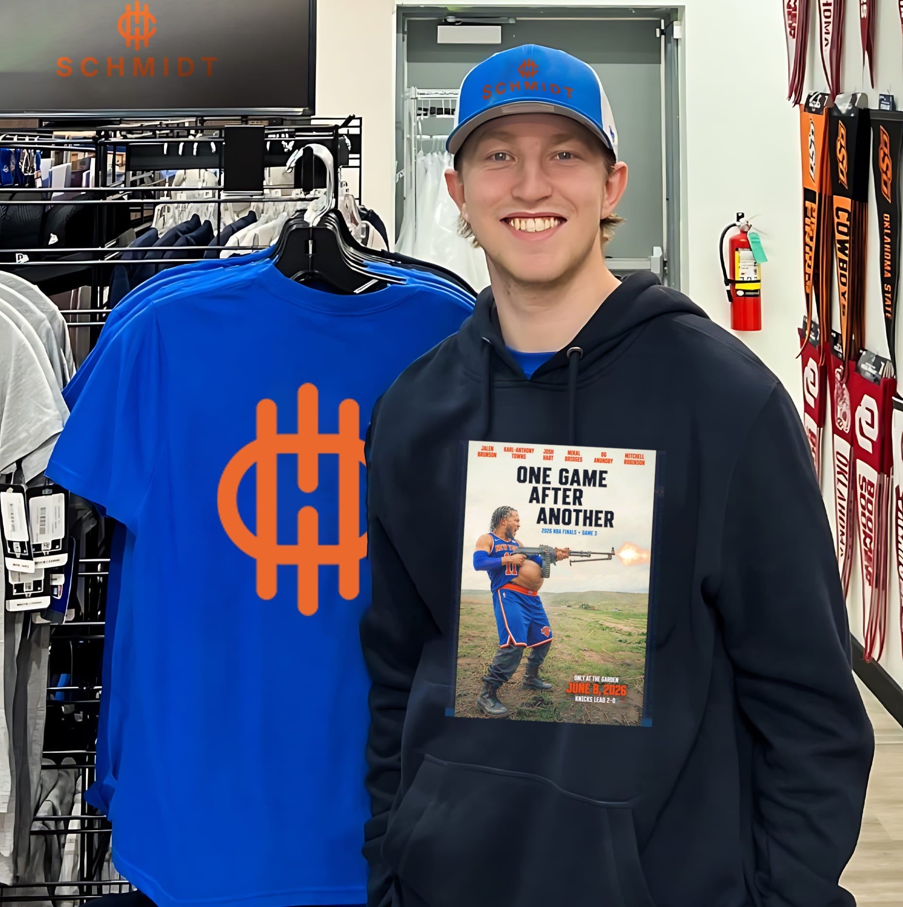 New York Knicks one game after another Jalen Brunson holding rifle shirt