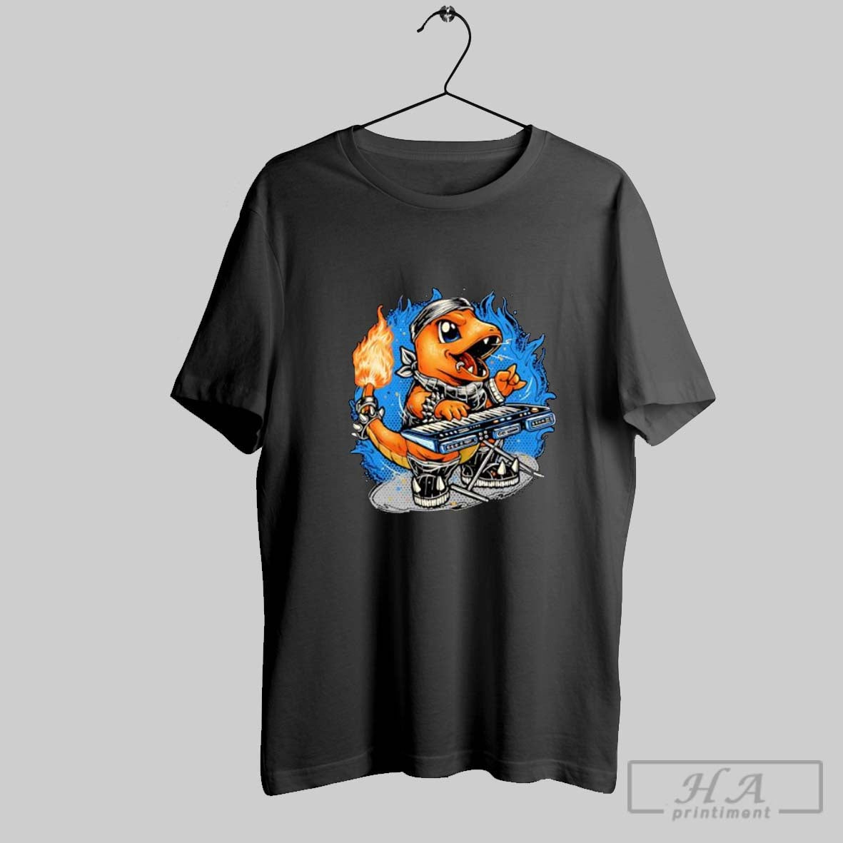 Official Charmander Playing Keyboard With Heavy Metal And Fire Posters Black