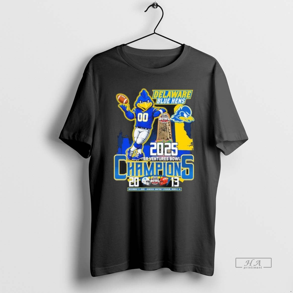 Official Delaware Blue Hens Mascot 2025 68 Ventures Bowl Champions Score T-Shirts, Hoodie, Sweatshirt | AU01DripNestTees.com