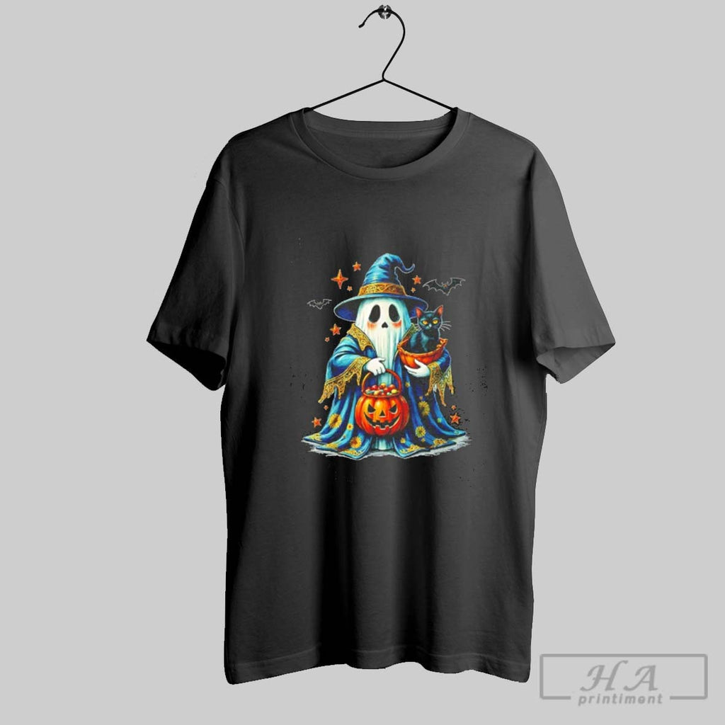 Official Ghost Holding Black Cat Lover Groovy Floral Halloween