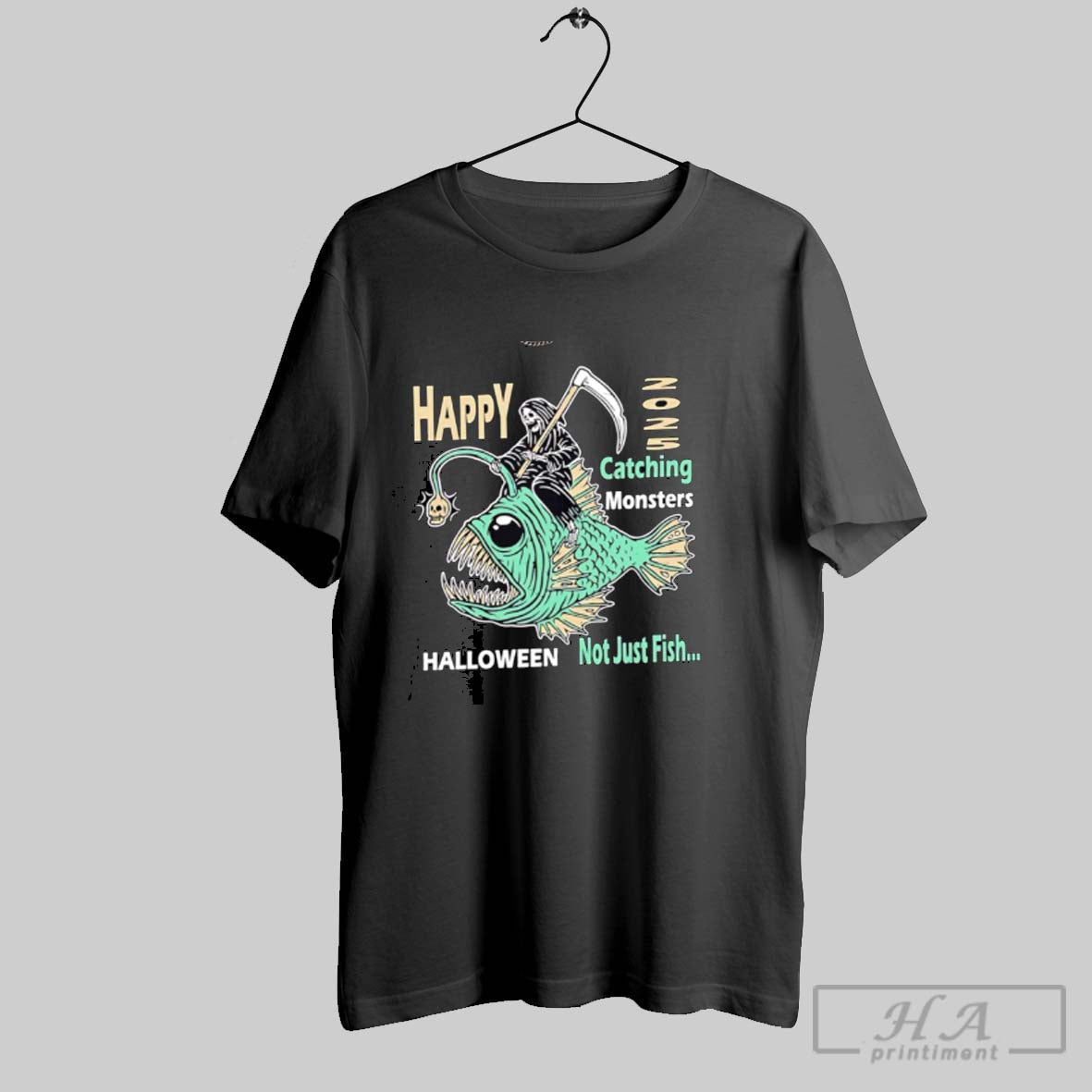 Official Happy Catching Monsters Halloween Not Just Fish Grim Reaper Riding An Anglerfish