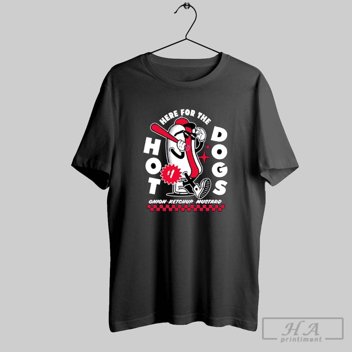 Official Here For The Dogs Hot Dog Mascot Onion Ketchup Mustard Posters Black
