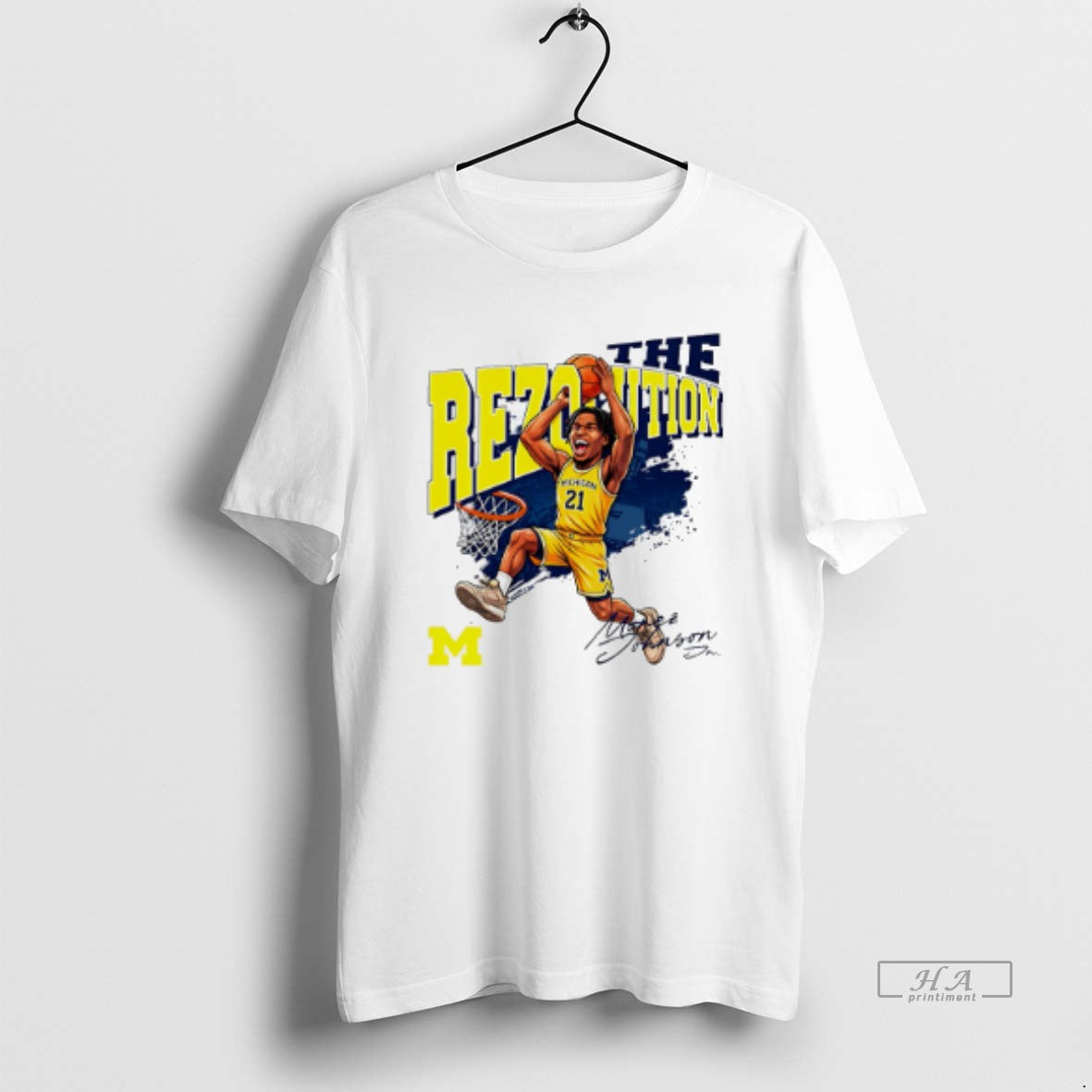 Official Michigan Basketball Morez Johnson Jr The Rezolution Caricature T-Shirts, Hoodie, Sweatshirt | AU01DripNestTees.com