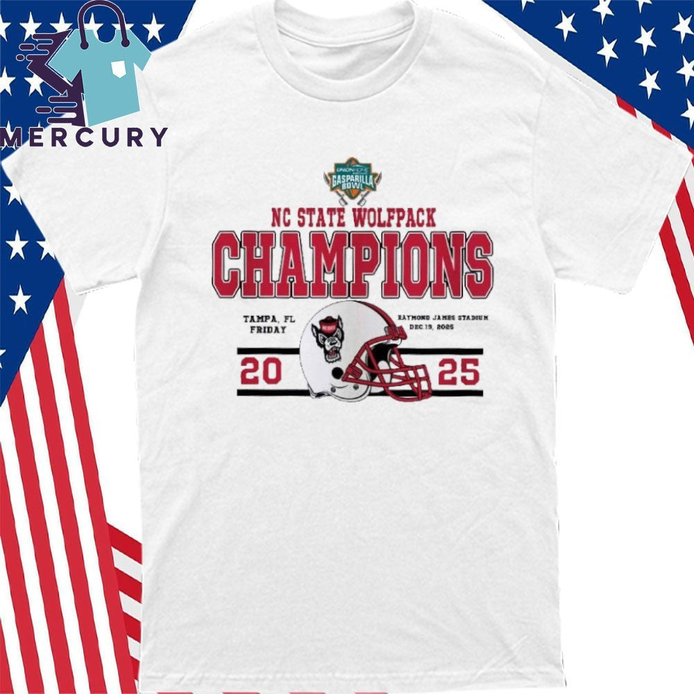 NC State Wolfpack Champions 2025 Union Home Mortgage Gasparilla Bowl Helmet Tampa, FL Raymond James Stadium Shirt