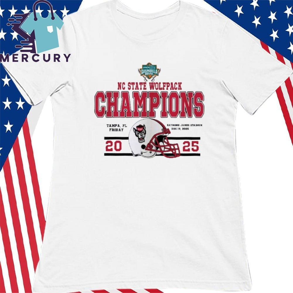 NC State Wolfpack Champions 2025 Union Home Mortgage Gasparilla Bowl Helmet Tampa, FL Raymond James Stadium Shirt