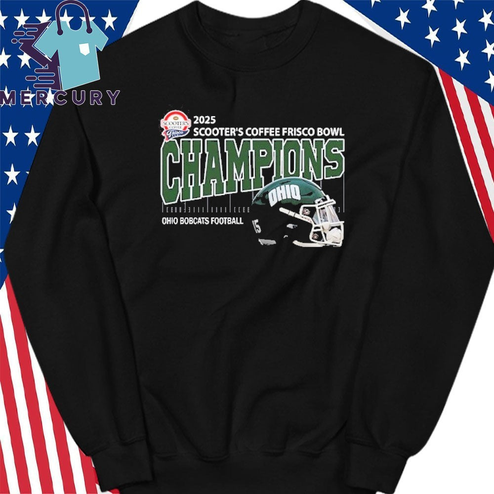 Ohio Bobcats Football 2025 Scooter’s Coffee Frisco Bowl Champions Helmet Shirt